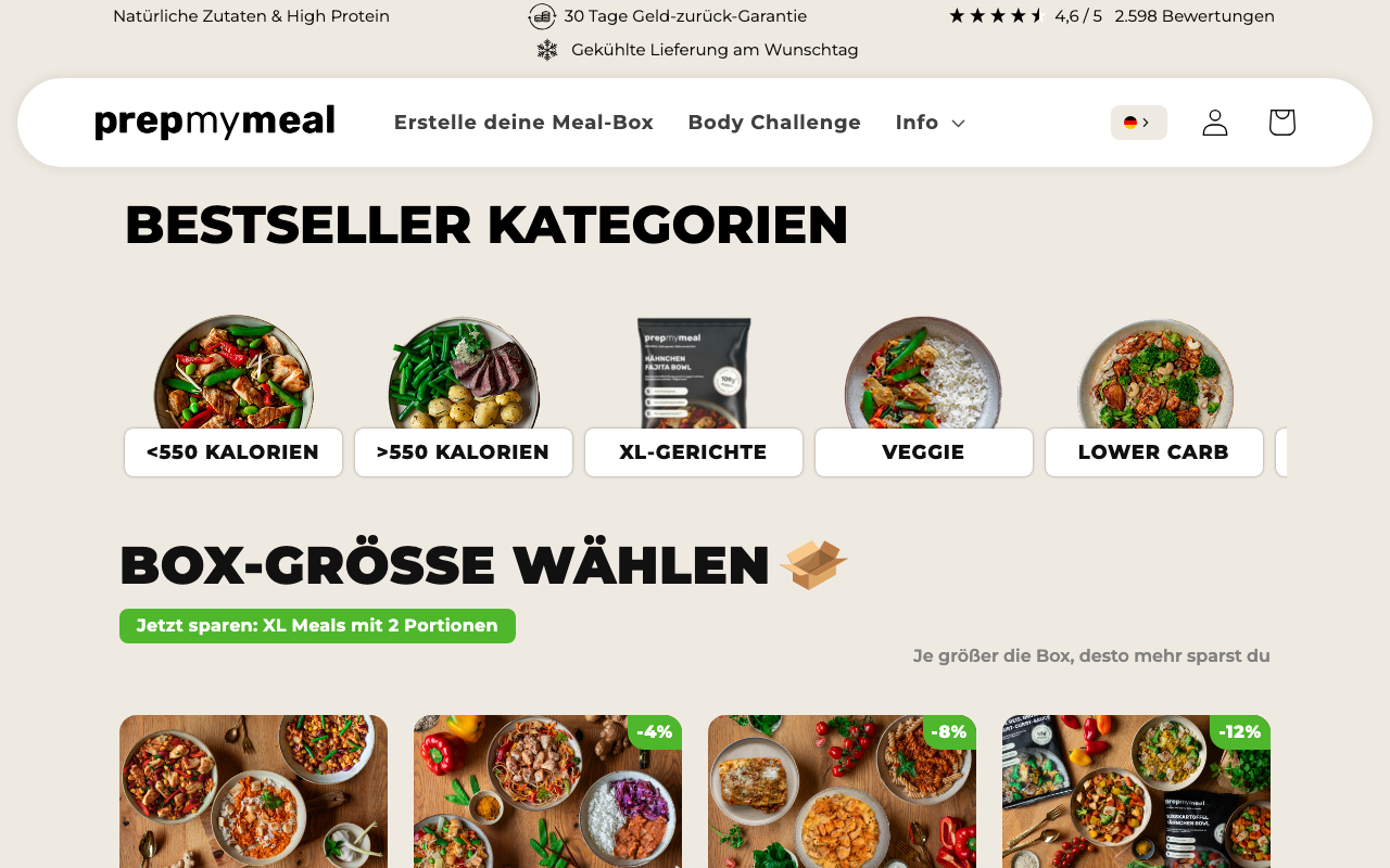 PrepMyMeal Homepage 2026: Fitness-Fertiggerichte mit Makroangaben