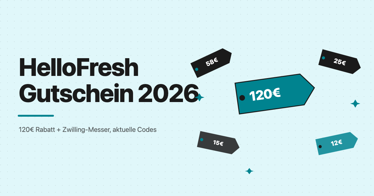 Grafik zum HelloFresh Gutschein 2026: 120 Euro Rabatt auf 5 Kochboxen plus gratis Zwilling-Profi-Messer
