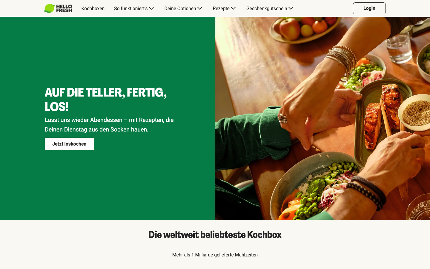 HelloFresh Startseite mit Login-Button oben rechts