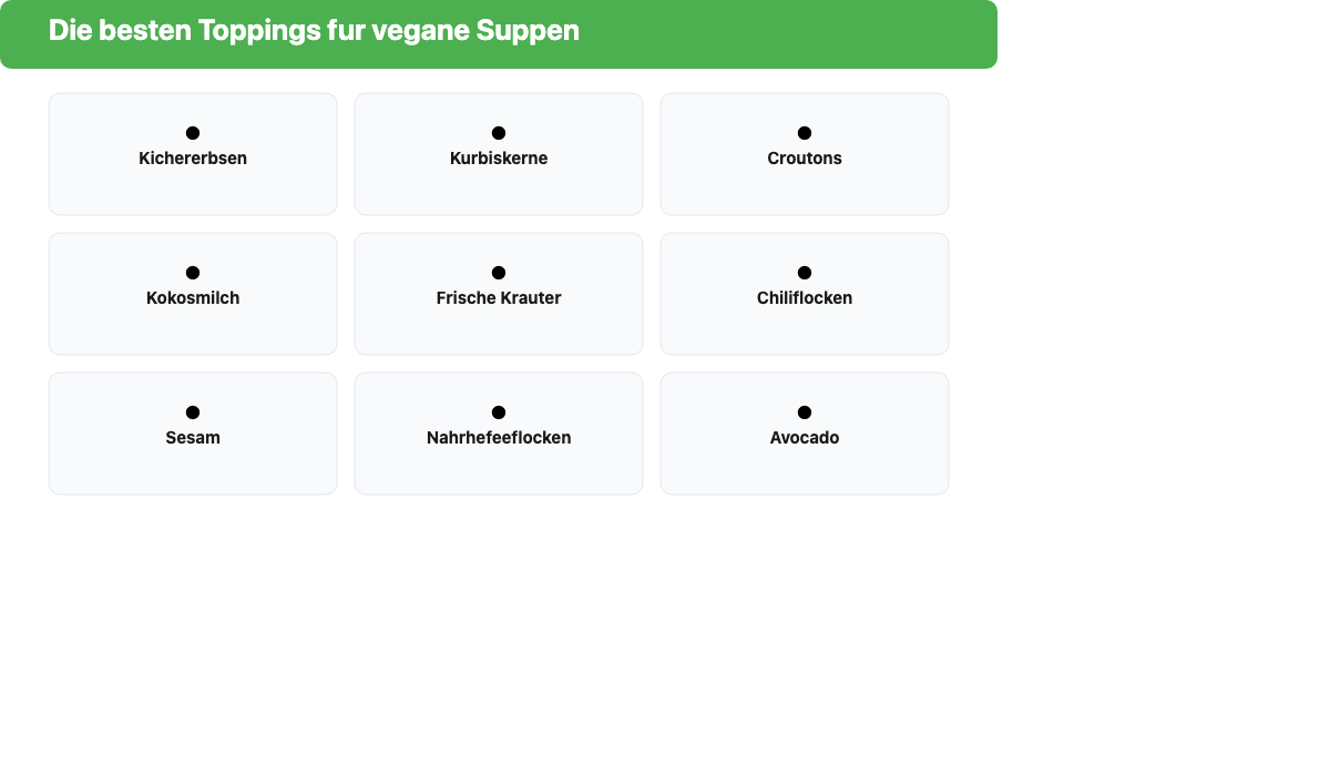 Infografik: Die besten Toppings für vegane Suppen – Kichererbsen, Kürbiskerne, Croutons, Kokosmilch, frische Kräuter und mehr