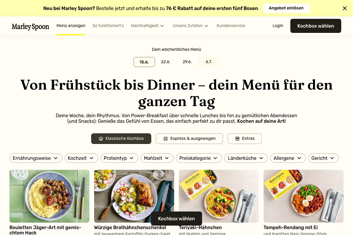 Marley Spoon Menü 2026: Wochenübersicht mit veganen Gerichten und Filteroptionen