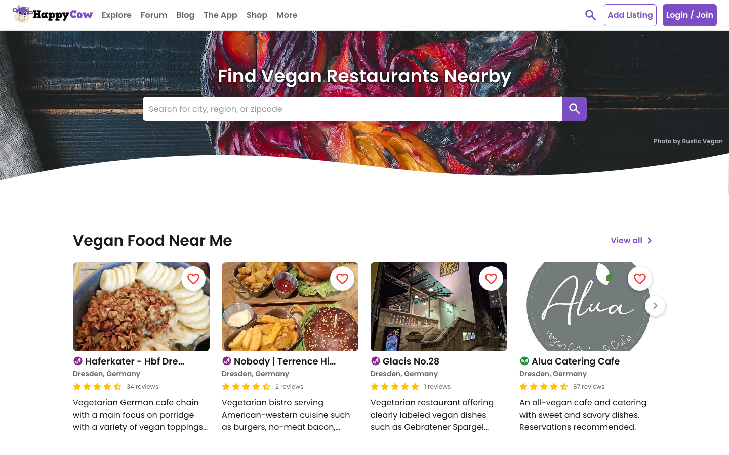HappyCow Suchoberfläche – vegane Restaurants in der Umgebung finden