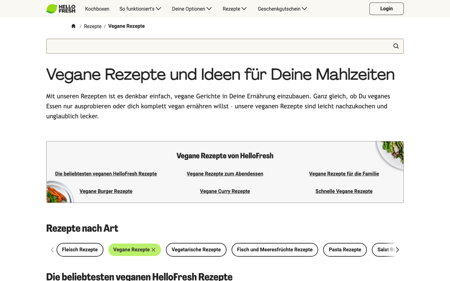HelloFresh Seite mit veganen asiatischen Rezepten wie Pad Kra Pao und Bibimbap