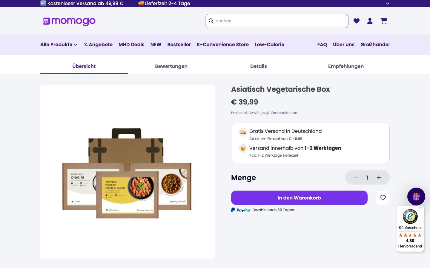 momogo Produktseite mit Asiatisch Vegetarischer Box und Südkorea Box