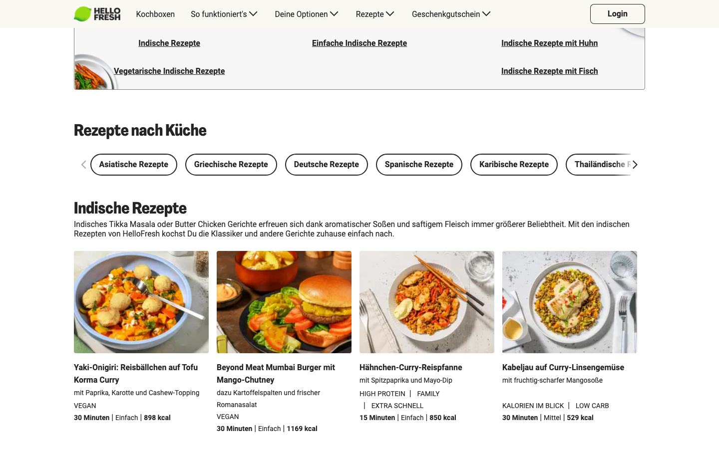 HelloFresh Seite mit veganen indischen Rezepten wie Dal-Makhani und Alu Gobhi
