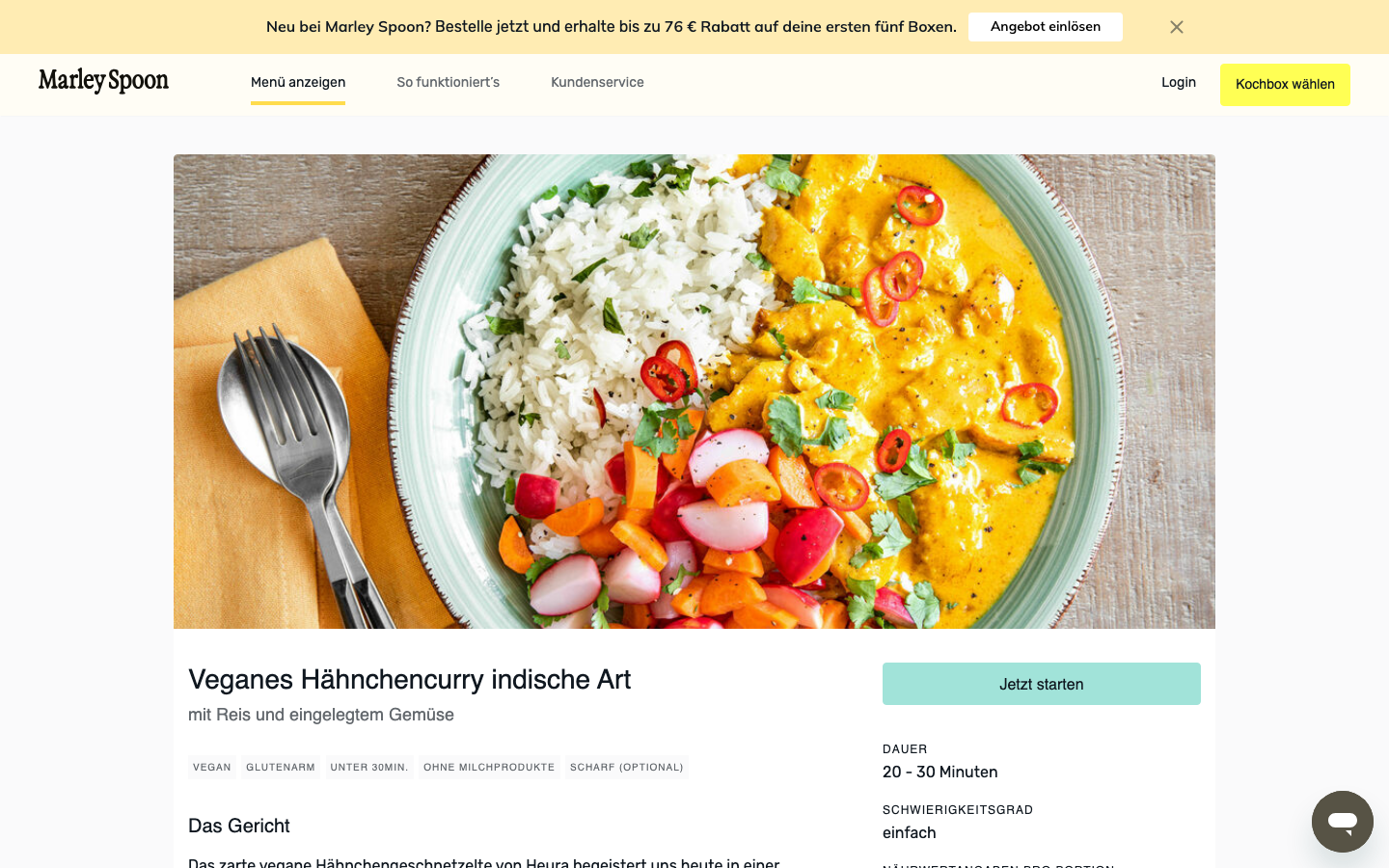 Marley Spoon Menüseite mit veganem Hähnchencurry indischer Art