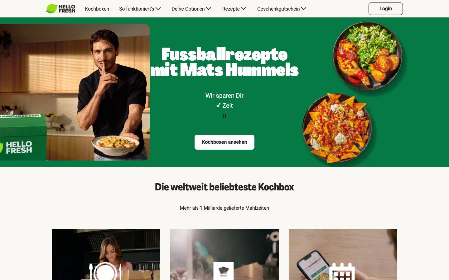 HelloFresh Startseite mit veganen Rezepten und Kochboxen