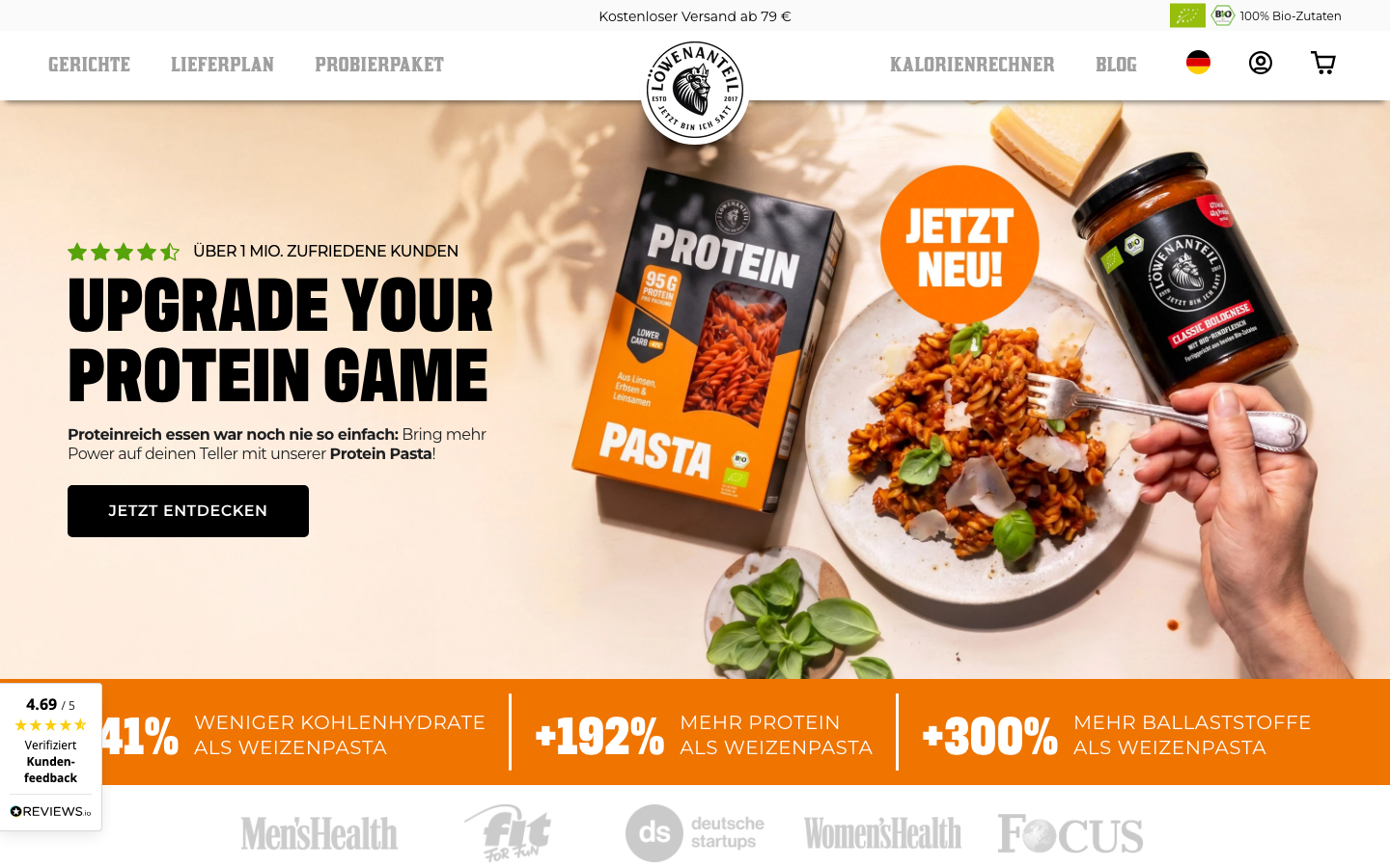 Löwenanteil Startseite mit proteinreichen Bio-Eintöpfen für Sportler