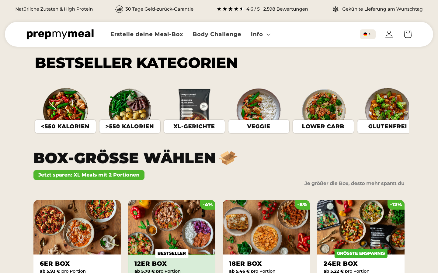 PrepMyMeal Startseite mit High-Protein Boxen und Bewertungen