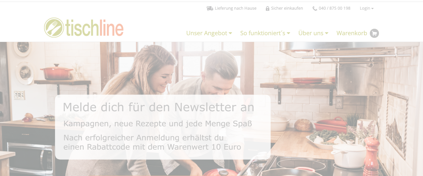 tischline.de Startseite mit veganer Kochbox im Einmalkauf-Modell