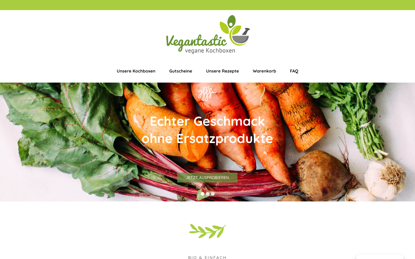 Vegantastic Startseite mit 100 Prozent veganer Kochbox