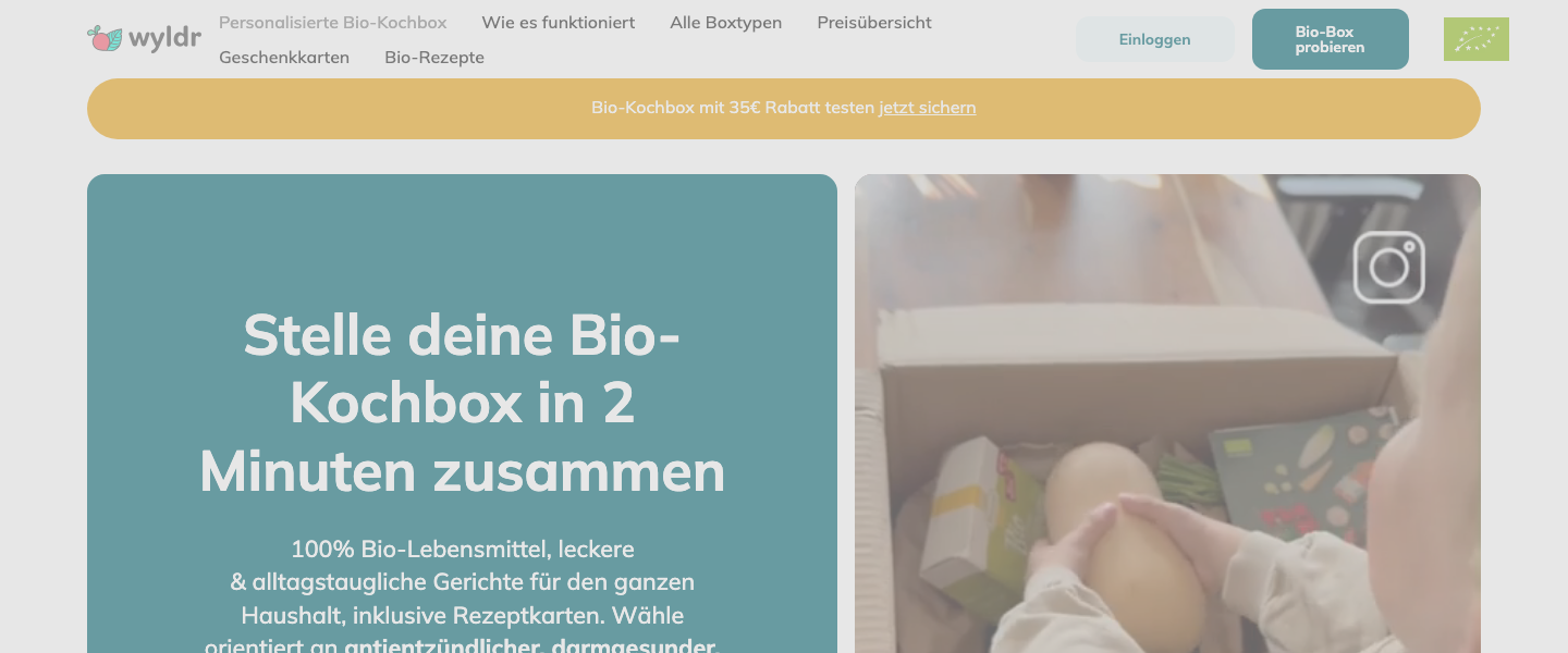 wyldr Startseite mit Bio-Kochbox und Proteinfilter für Sportler