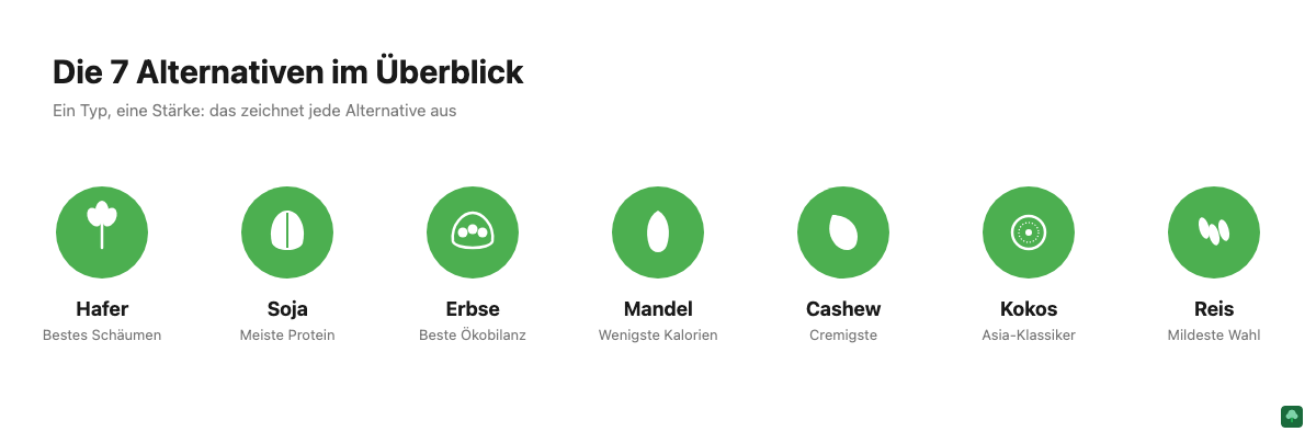 Icon-Übersicht der 7 pflanzlichen Alternativen zu Kuhmilch: Hafer, Soja, Erbse, Mandel, Cashew, Kokos, Reis