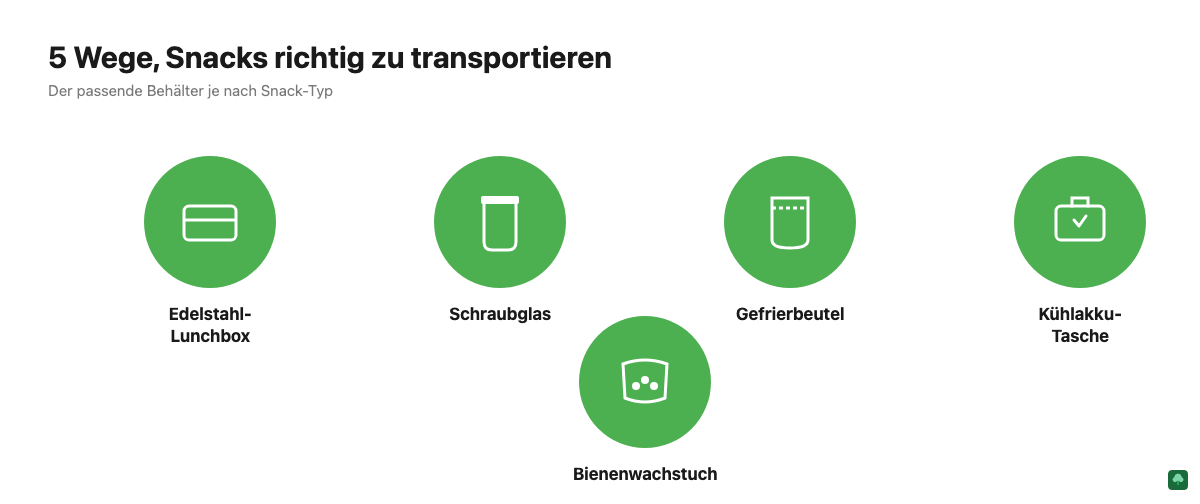 Fünf Aufbewahrungsoptionen für vegane Snacks: Edelstahl-Lunchbox, Schraubglas, Gefrierbeutel, Kühlakku-Tasche und Bienenwachstuch