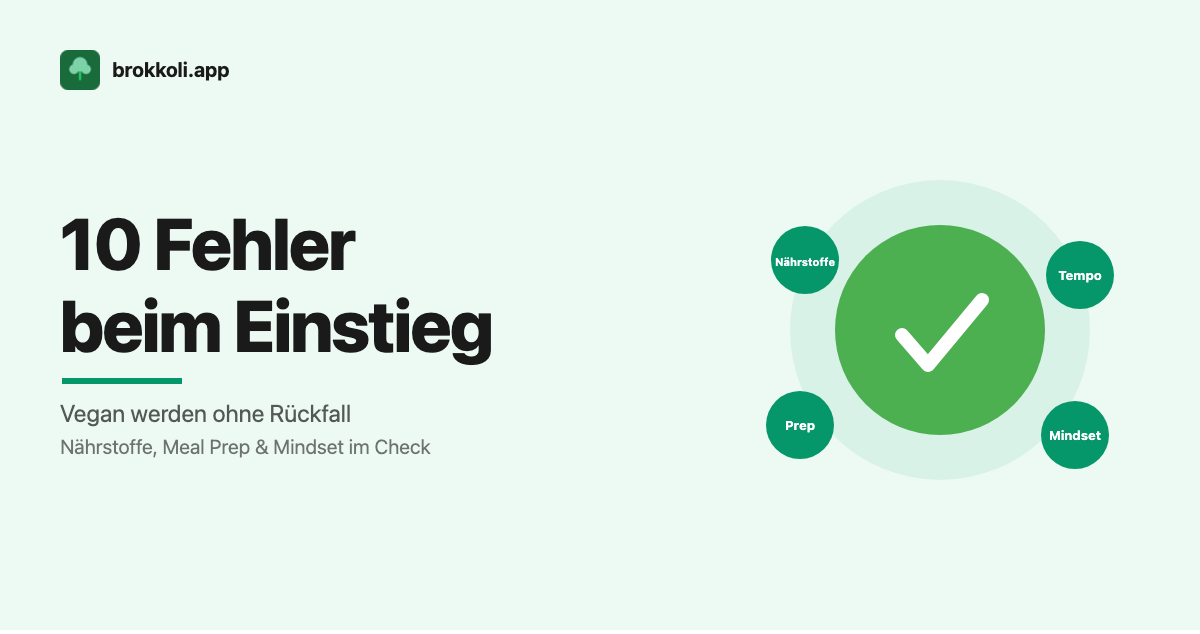Illustration: 10 Fehler beim veganen Einstieg vermeiden, mit Themen-Badges Nährstoffe, Tempo, Prep und Mindset