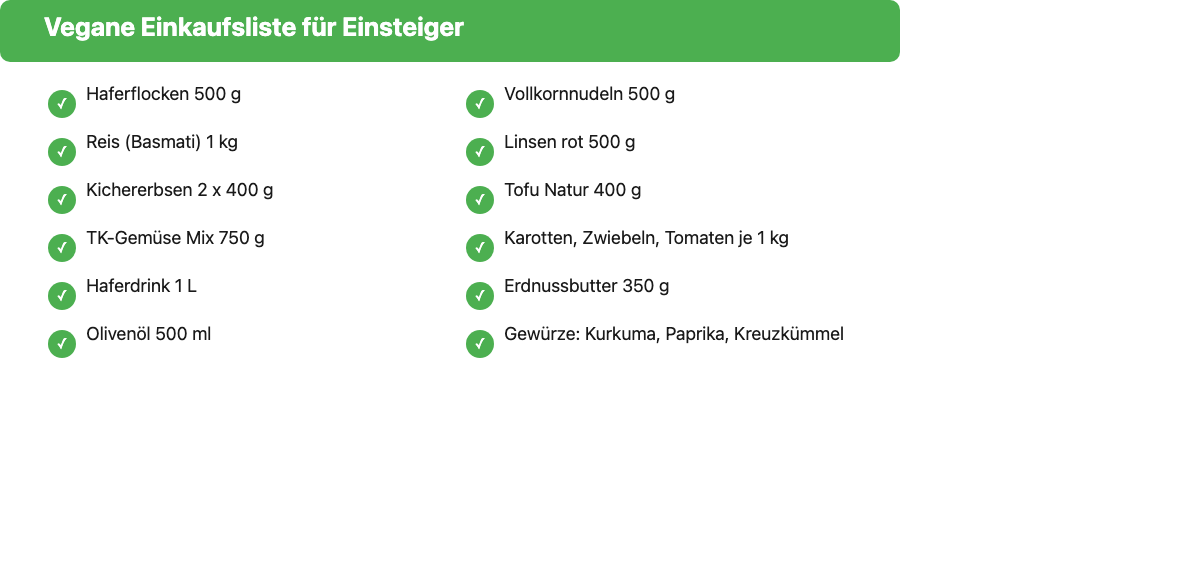 Checkliste für die vegane Einkaufsliste für Einsteiger: Getreide, Hülsenfrüchte, Protein, Gemüse, Pflanzenmilch und Fette für rund 35 Euro pro Woche