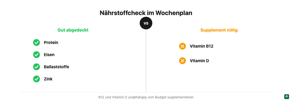 Nährstoffcheck veganer Wochenplan: Protein, Eisen, Ballaststoffe und Zink gut abgedeckt, B12 und Vitamin D brauchen ein Supplement