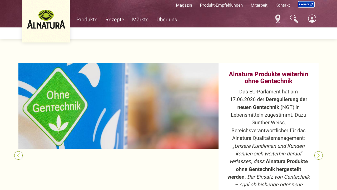 Alnatura Startseite 2026 mit Bio-Produkten ohne Gentechnik