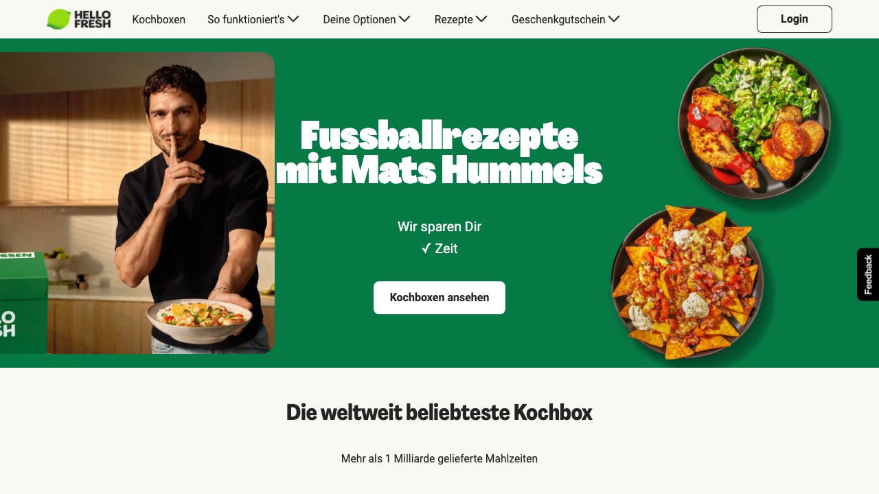 HelloFresh Startseite 2026 mit Kochboxen-Angebot und Rezeptauswahl