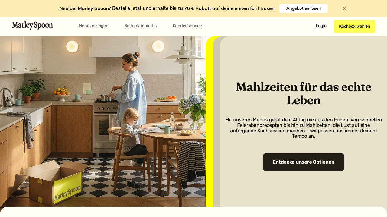 Marley Spoon Startseite 2026 mit wöchentlichem Rezeptmenü und Preisübersicht