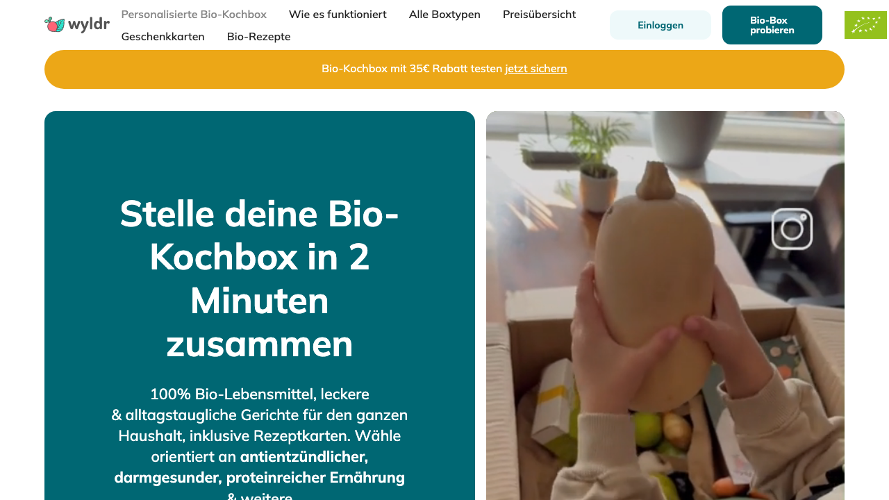 Wyldr Bio-Kochbox Startseite 2026 mit personalisierten Bio-Gerichten