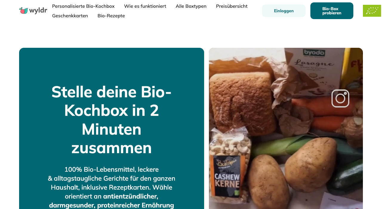 Wyldr Bio-Kochbox Startseite 2026 mit Personalisierungs-Rezeptauswahl